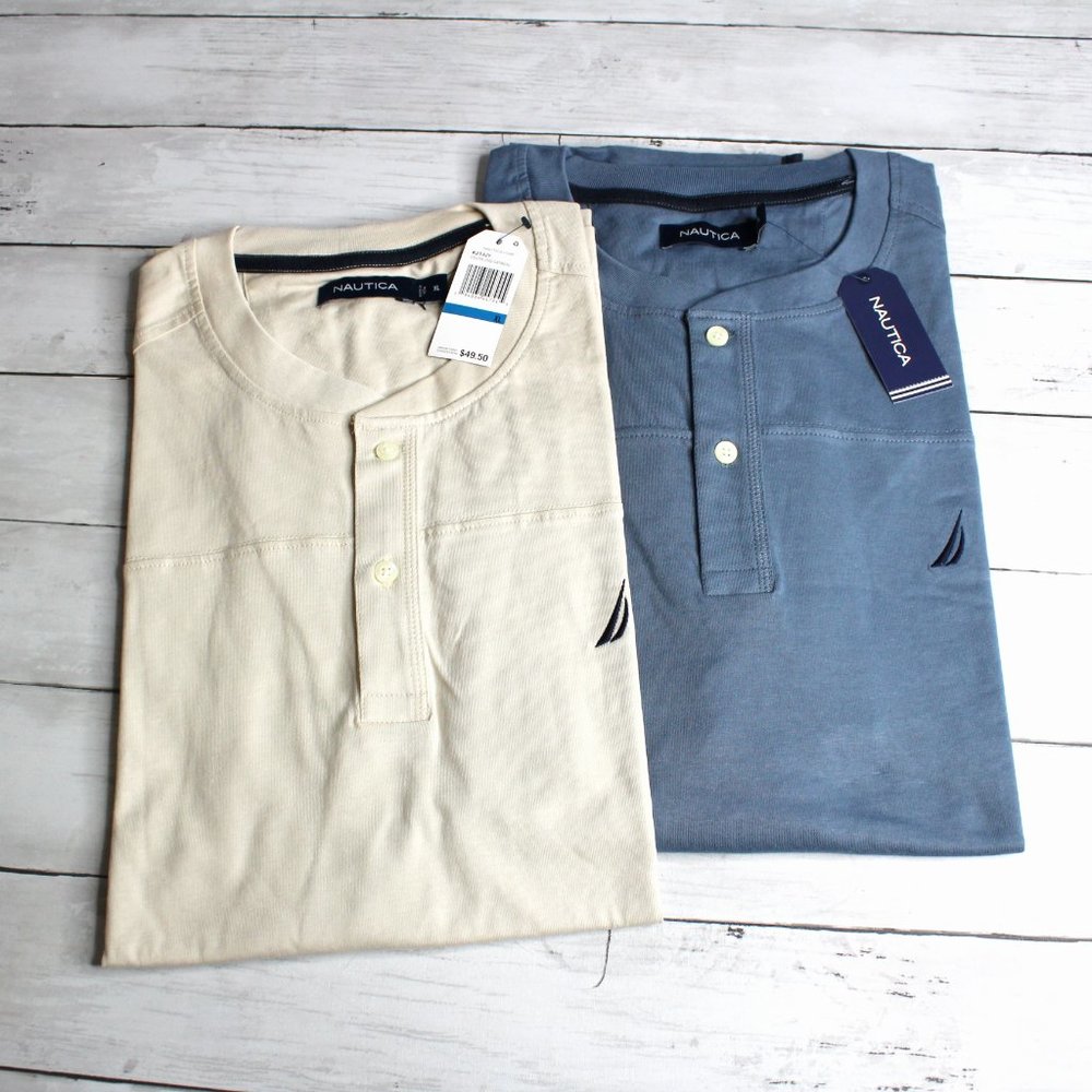 Nautica Men's Casual Henley Short Sleeve Tee Shirt Lot Size XL Blue Beige